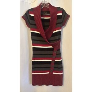 VTG Y2K Sweater Dress Short Sleeve Striped Red Black White Gray Womens Small
